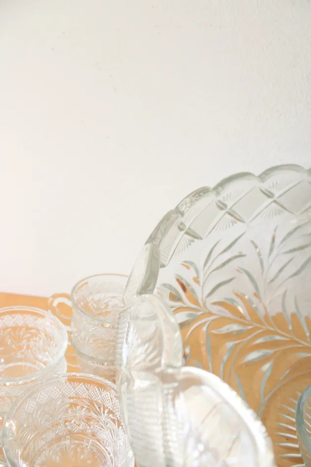 Smith Glass Floral Diamond Patterned Clear Glass Punch Bowl Mug Set Of 14 LE Smith Rings