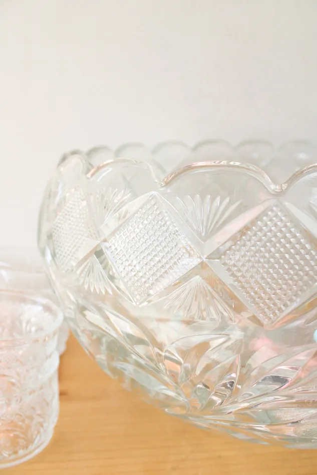 Smith Glass Floral Diamond Patterned Clear Glass Punch Bowl Mug Set Of 14 LE Smith Rings