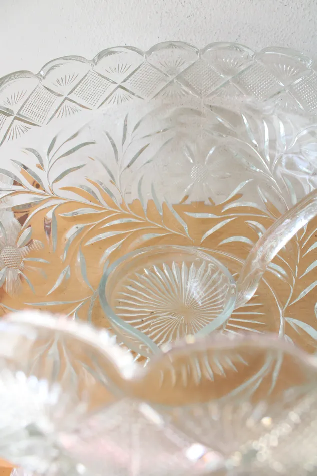 Smith Glass Floral Diamond Patterned Clear Glass Punch Bowl Mug Set Of 14 LE Smith Rings