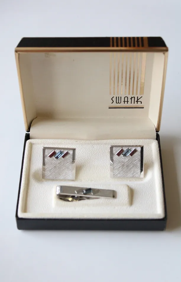 SWANK Earrings Swank Blue Topaz Stone Silver Cuff Links Tie Clip Set