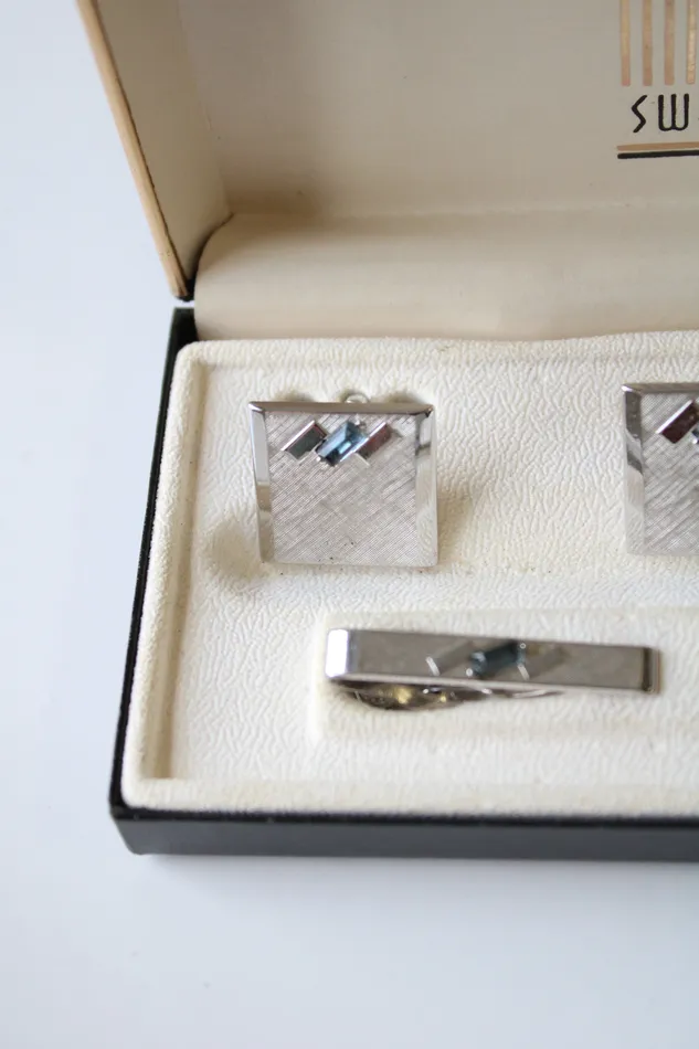 SWANK Earrings Swank Blue Topaz Stone Silver Cuff Links Tie Clip Set