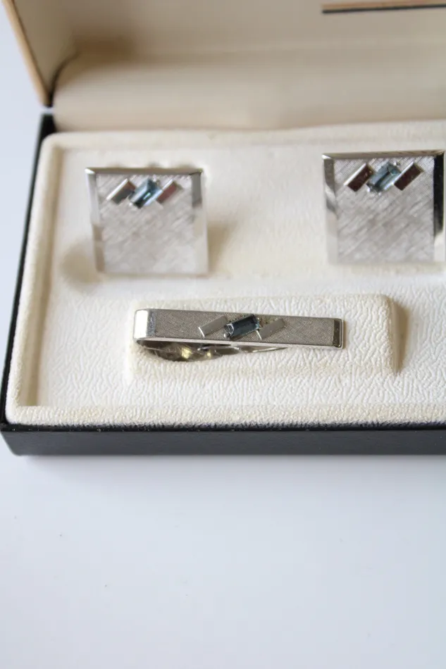 SWANK Earrings Swank Blue Topaz Stone Silver Cuff Links Tie Clip Set