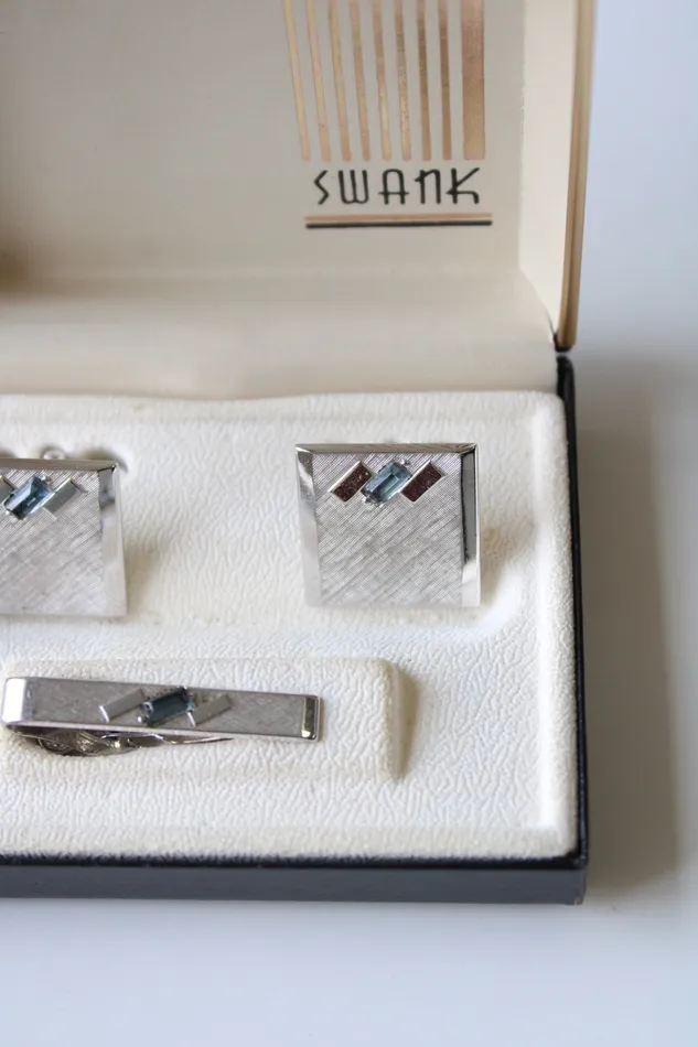 SWANK Earrings Swank Blue Topaz Stone Silver Cuff Links Tie Clip Set