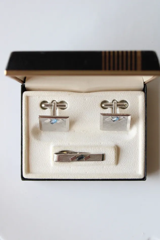 SWANK Earrings Swank Blue Topaz Stone Silver Cuff Links Tie Clip Set