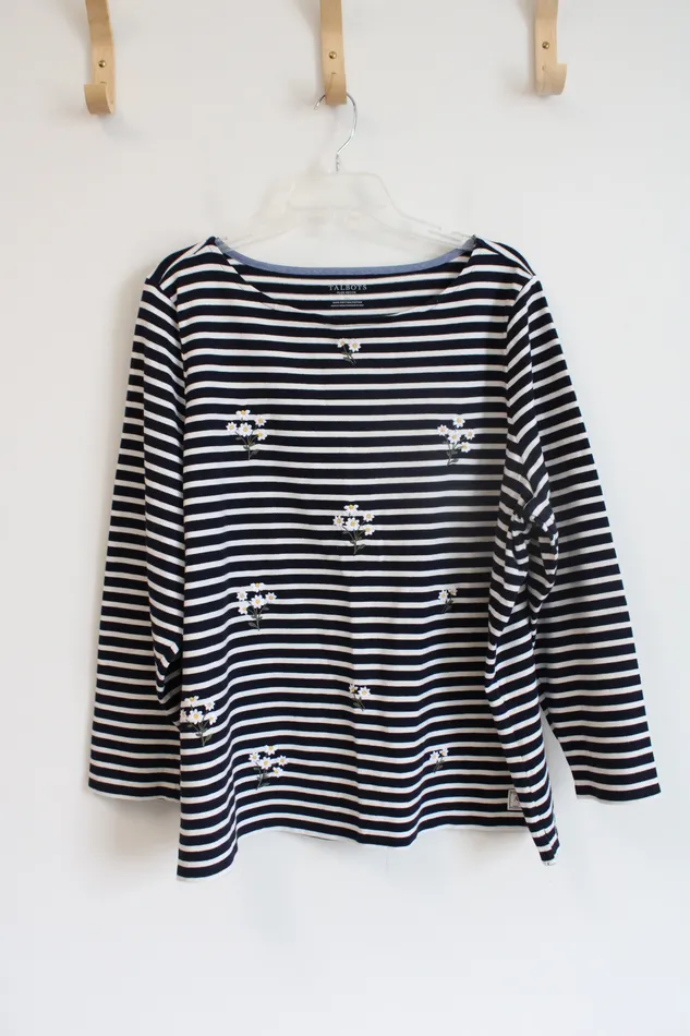 Talbots Rings Talbots Navy White Striped Embroidered Daisy Top 3X Petite