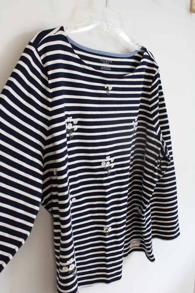 Talbots Rings Talbots Navy White Striped Embroidered Daisy Top 3X Petite