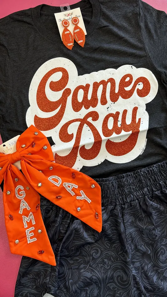 TEXAS TRUE THREADS Necklaces BIG GAME DAY RETRO ORANGE GLITTER TEE
