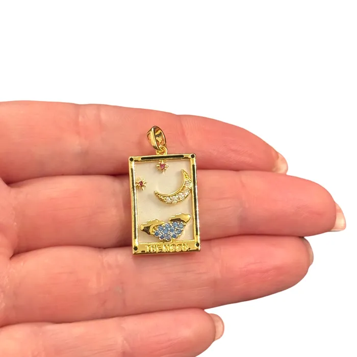 The Moon Tarot Pendant Waterproof 24Kt Gold Plated Stainless Steel CZ Pendant With Attached Bail Peppy Beads Necklaces The Moon Tarot Pendant Waterproof 24Kt Gold Plated Stainless Steel CZ Pendant With Attached Bail Peppy Beads Necklaces