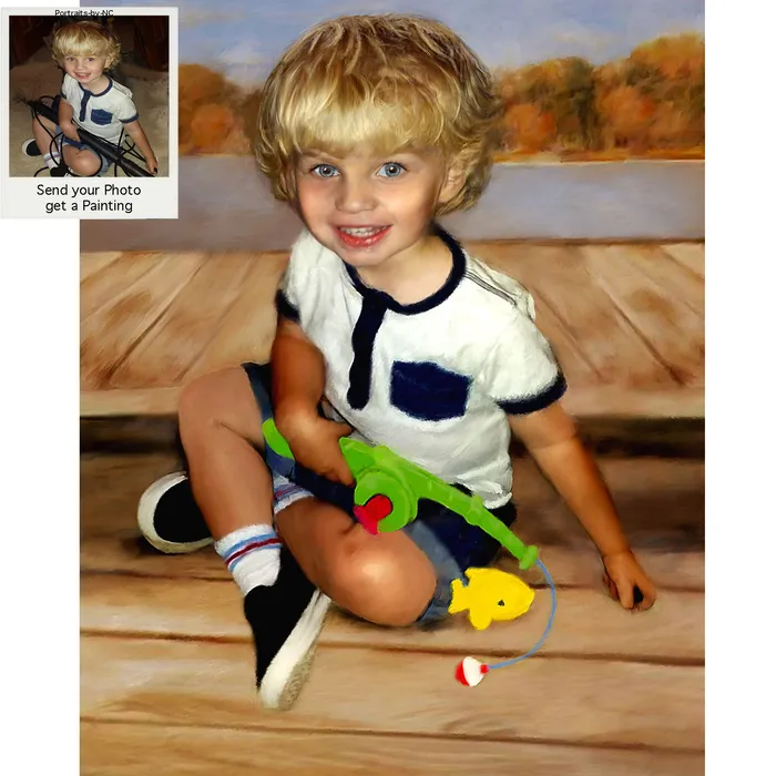 Toddler Oil Portrait Boy with Fishing Pole Portraits by NC Necklaces