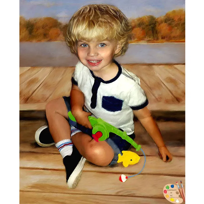 Toddler Oil Portrait Boy with Fishing Pole Portraits by NC Necklaces