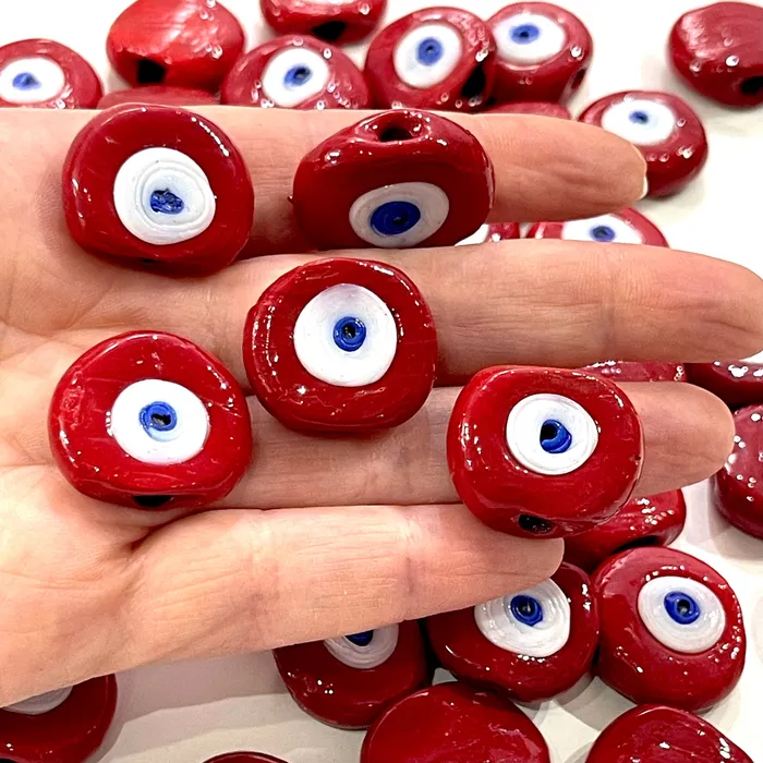 Traditional Turkish Artisan Handmade Glass Red Evil Eye Beads Large Hole Evil Eye Glass Beads 5 Beads per pack Peppy Beads Necklaces