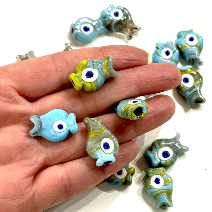 Turkish Artisan Hand Made Glass Marbled Fish Charms Assorted 3 pcs in a pack Peppy Beads Earrings