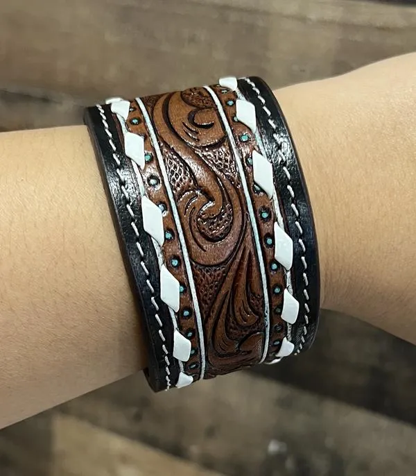 YKT Bracelets WESTERN LEATHER TOOLING BRACELET COFFEE