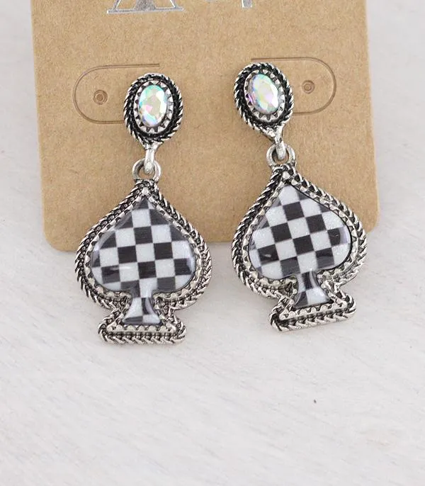 YKT Earrings WESTERN CHECKERED SPADE AB STONE POST EARRINGS