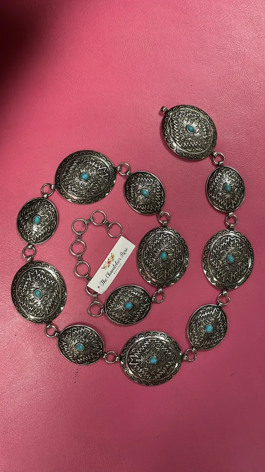 YKT Rings Western Circle Aztec Print Turquoise Center Stone Silver Concho Belt
