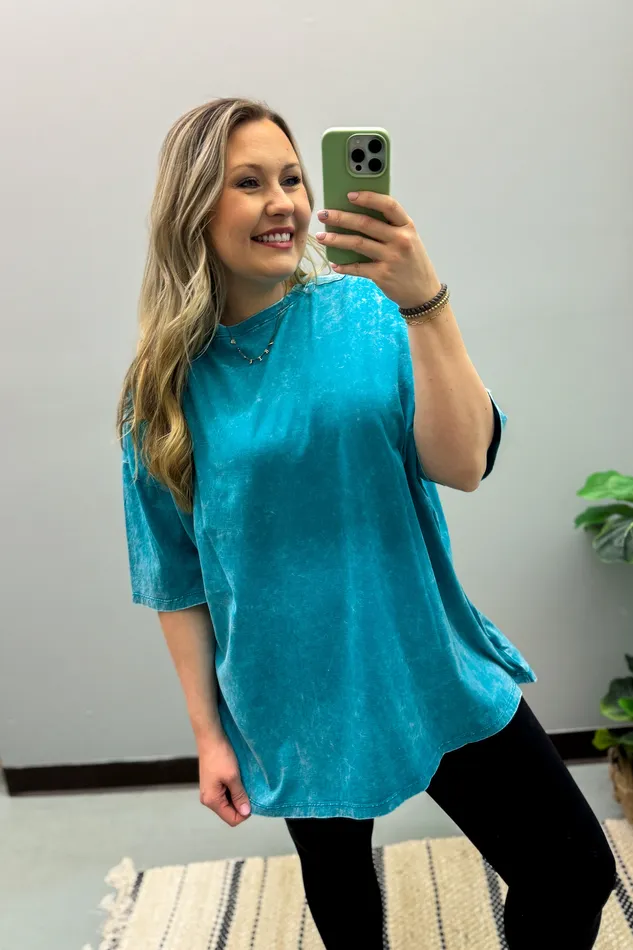 Zenana Necklaces What You Are Oversized Acid Wash Top Teal