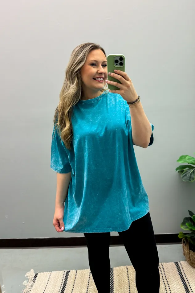 Zenana Necklaces What You Are Oversized Acid Wash Top Teal