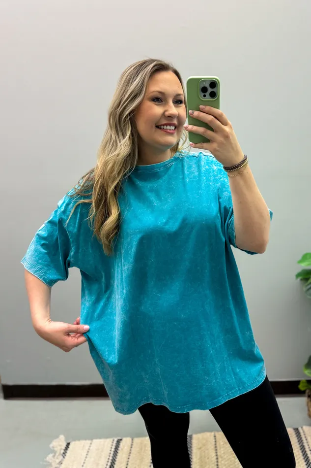 Zenana Necklaces What You Are Oversized Acid Wash Top Teal