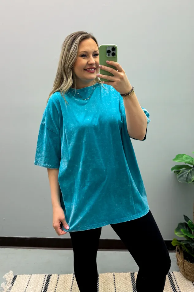 Zenana Necklaces What You Are Oversized Acid Wash Top Teal