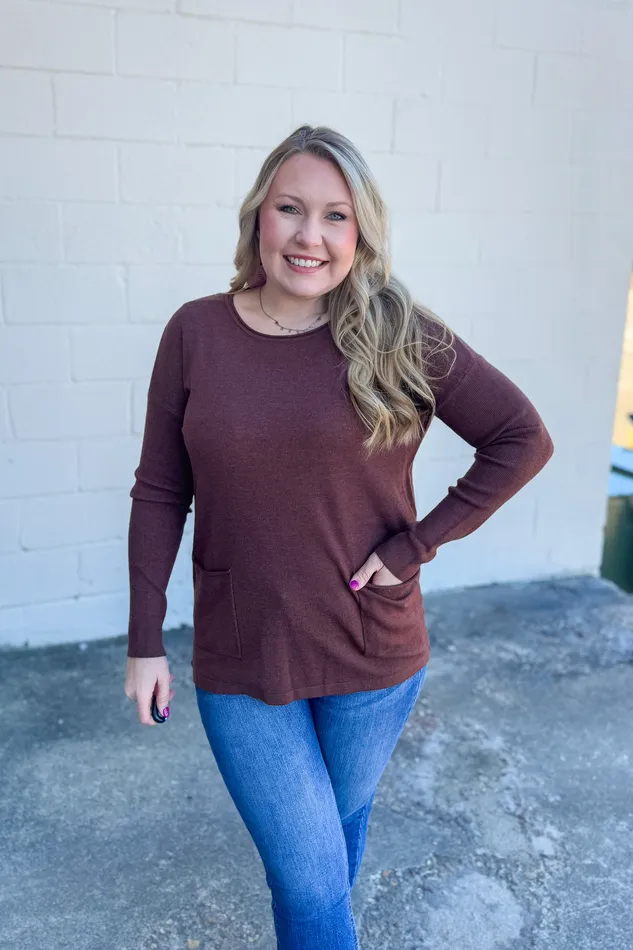 Zenana Renee Pullover Pocket Top Mahogany Earrings