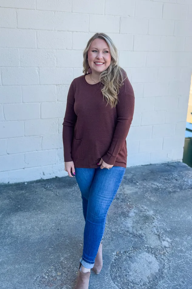 Zenana Renee Pullover Pocket Top Mahogany Earrings