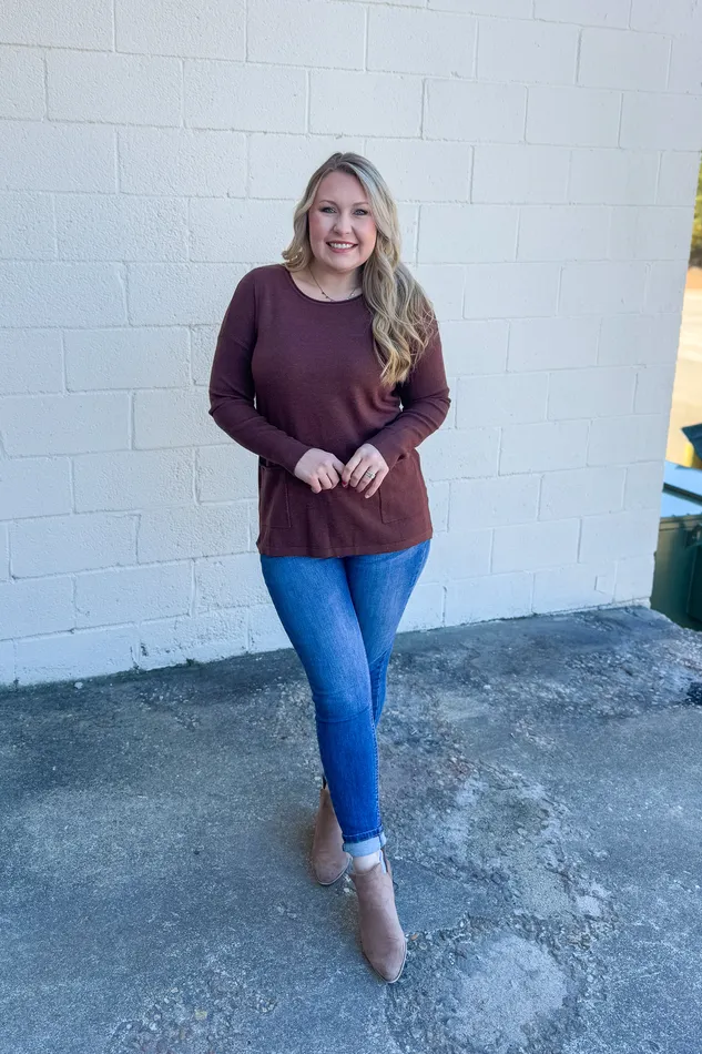 Zenana Renee Pullover Pocket Top Mahogany Earrings