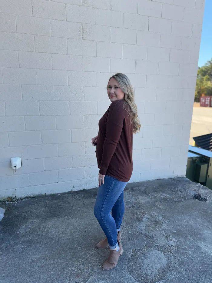 Zenana Renee Pullover Pocket Top Mahogany Earrings